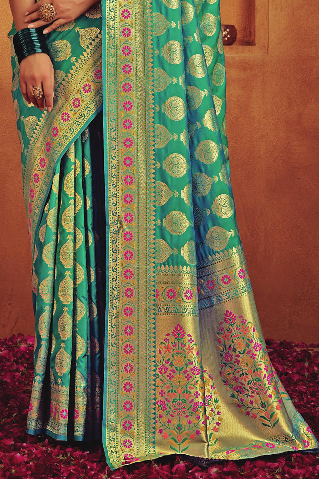Green & Gold-Toned Woven Design Zari Buti Silk Blend Banarasi Saree