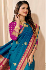 Teal Blue With Pink Border Woven Art Silk Saree With Blouse Piece