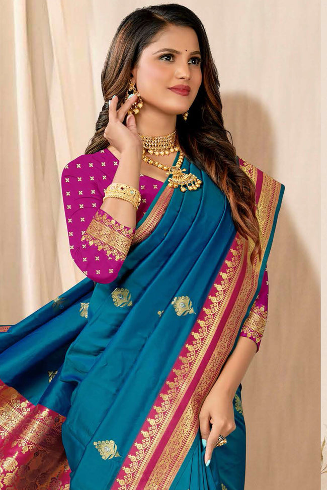 Teal Blue With Pink Border Woven Art Silk Saree With Blouse Piece