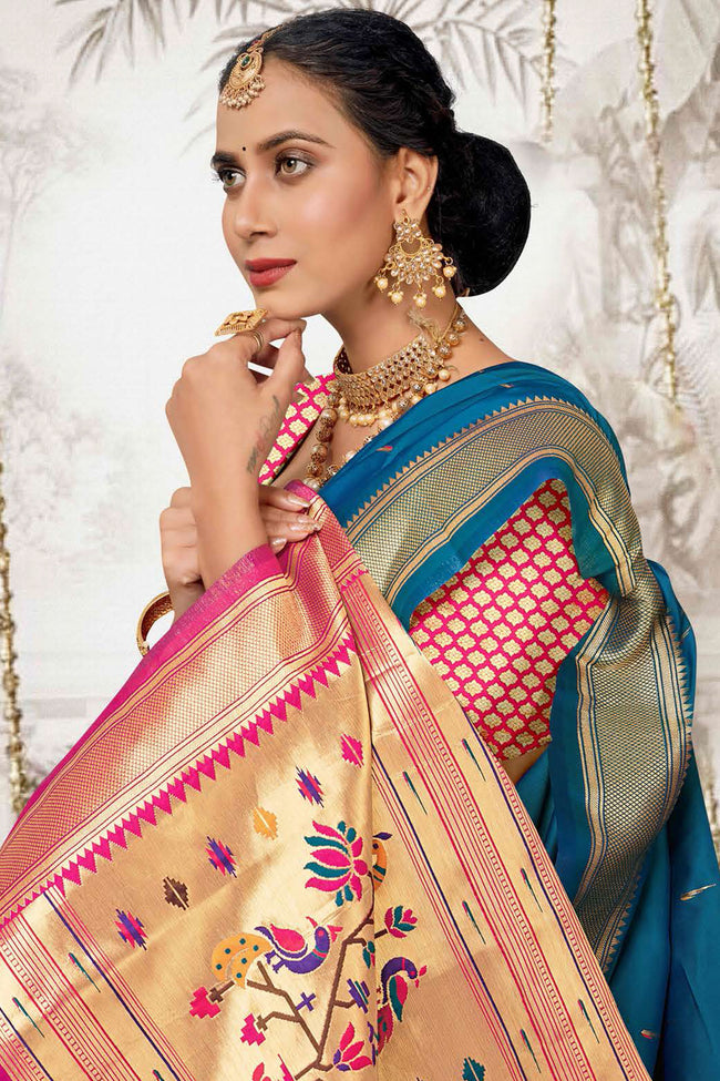 Blue With Pink Woven Art Silk Paithani Saree