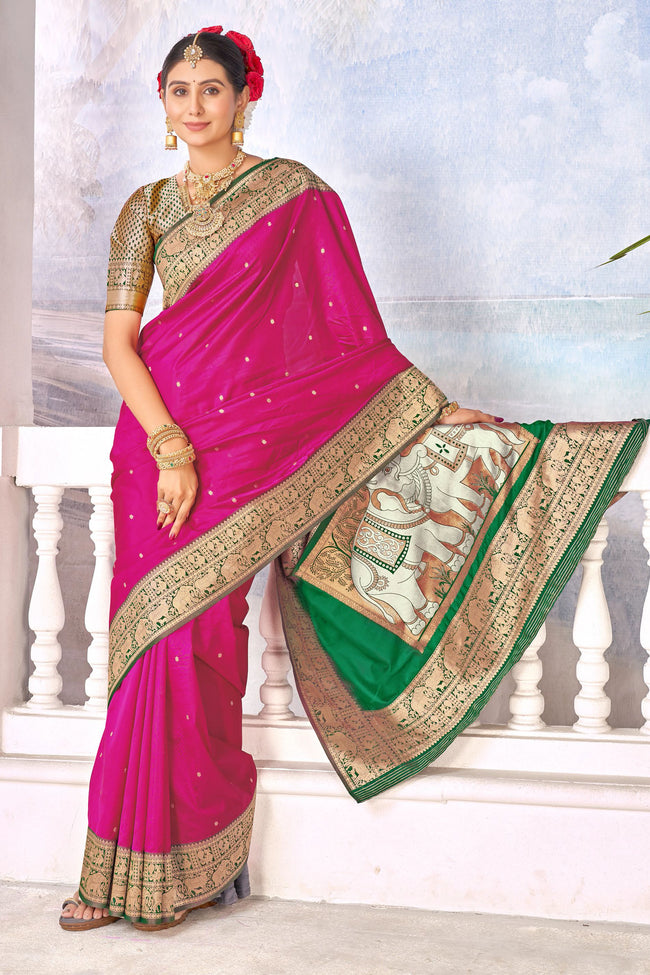 Rani Pink With Green Border Traditional Wear Art Silk Saree