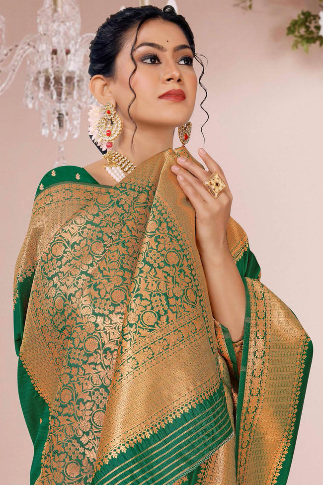 Forest Green Woven Art Silk Saree With Blouse Piece