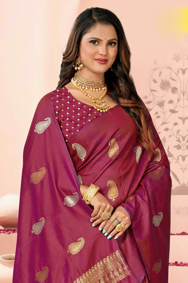 Crimson Saree In Silk Blend With Weaved Floral Motifs And Blouse Piece