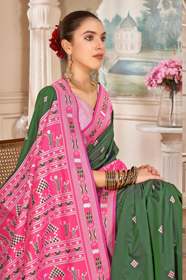 Green With Pink Weaving Patola Silk Traditional Saree