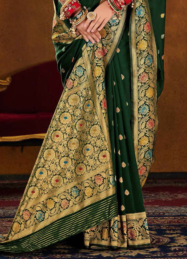 Forest Green Soft Woven Silk Saree And Blouse Piece