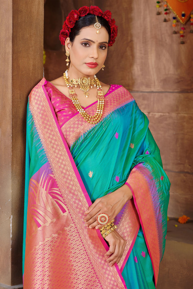 Light Sea With Pink Border Silk Traditional Saree