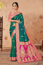 Teal Green With Rani Pink Woven Art Silk Saree