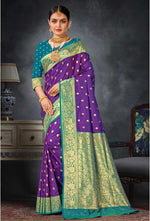 Purple With Teal Blue Woven Art Silk Saree With Blouse Piece