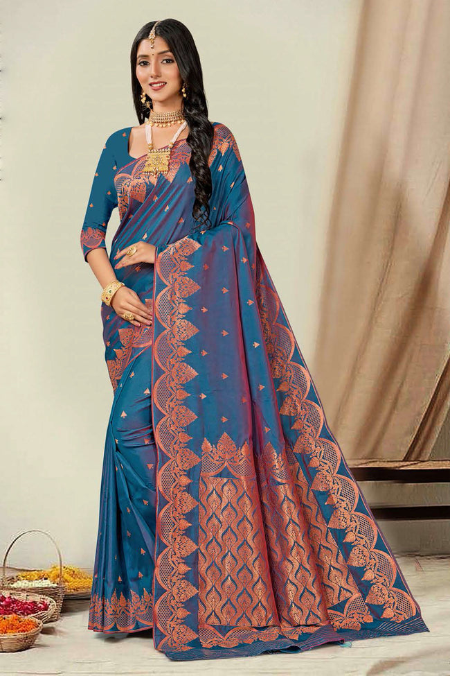 Teal Blue Woven Art Silk Saree With Blouse Piece