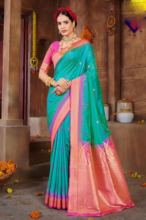 Light Sea With Pink Border Silk Traditional Saree