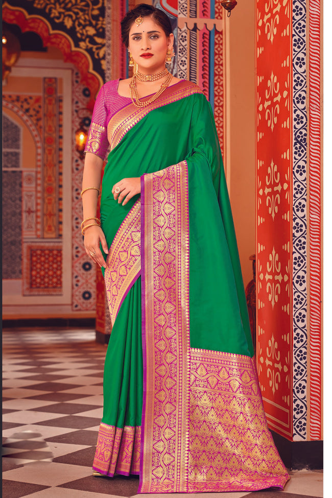 Green Color Soft Woven Silk Saree And Woven Blouse Piece