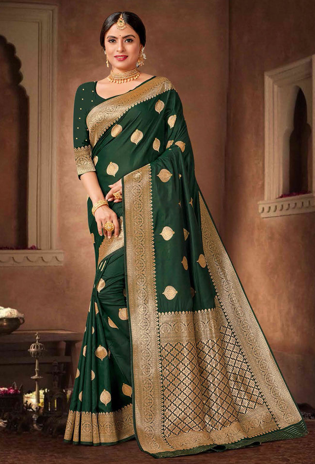 Forest Green Saree In Art Handloom Silk With Woven Floral Buttis And Blouse Piece