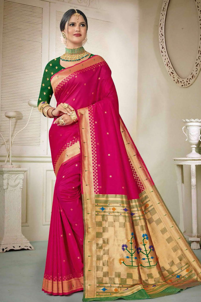 Ruby With Green Art Silk Paithani Saree With Blouse Piece