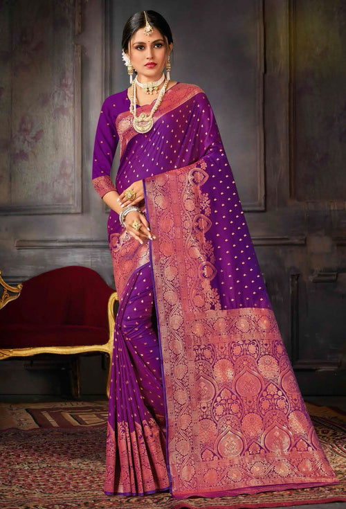 Purple Weaving Silk Saree With Zari Border Tassal Pallu Blouse Piece