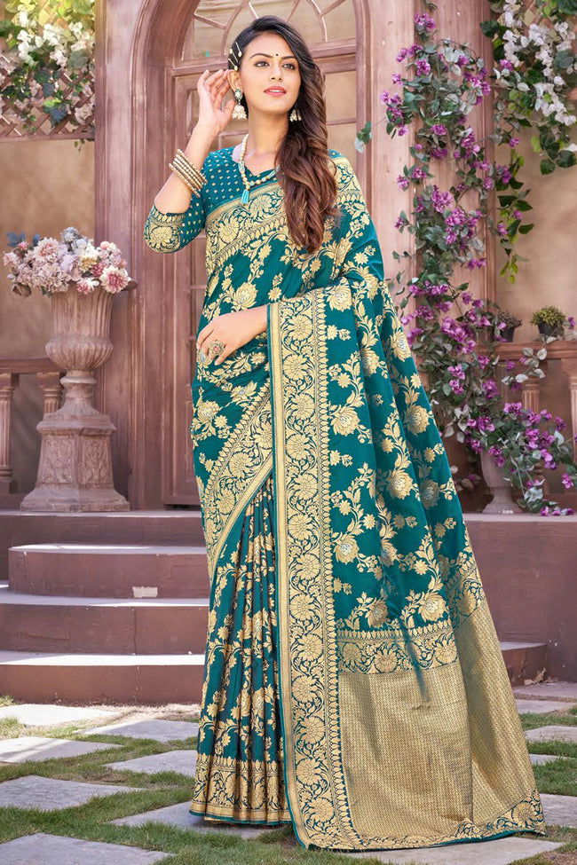 Teal Blue Soft Silk Woven Saree And Blouse Piece