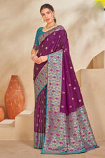 Dark Purple & Rama Green Woven Festival Wear Silk Saree With Blouse Piece