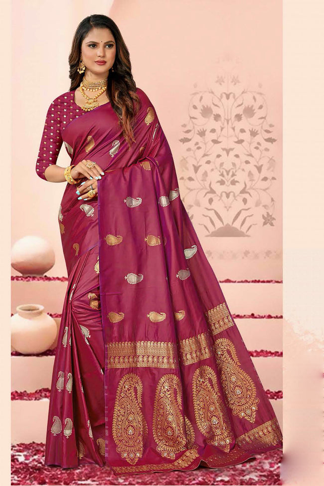 Crimson Saree In Silk Blend With Weaved Floral Motifs And Blouse Piece