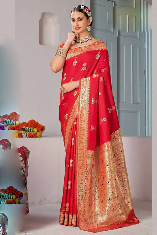 Boold Red Banarasi Silk Festival Traditional Saree With Blouse Piece