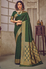 Dark Olive & Gold-Coloured Ethnic Motifs Woven Design Silk Blend Banarasi Saree