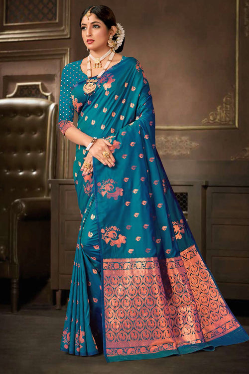 Midnight Teal Saree In Silk Blend With Weaved Floral Motifs And Blouse Piece