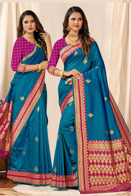 Teal Blue With Pink Border Woven Art Silk Saree With Blouse Piece