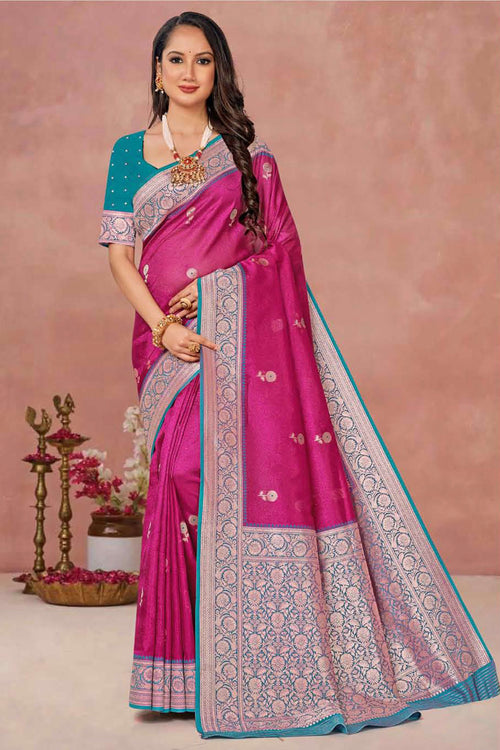 Rani Pink With Auqa Weaving Work Festive Wear Saree