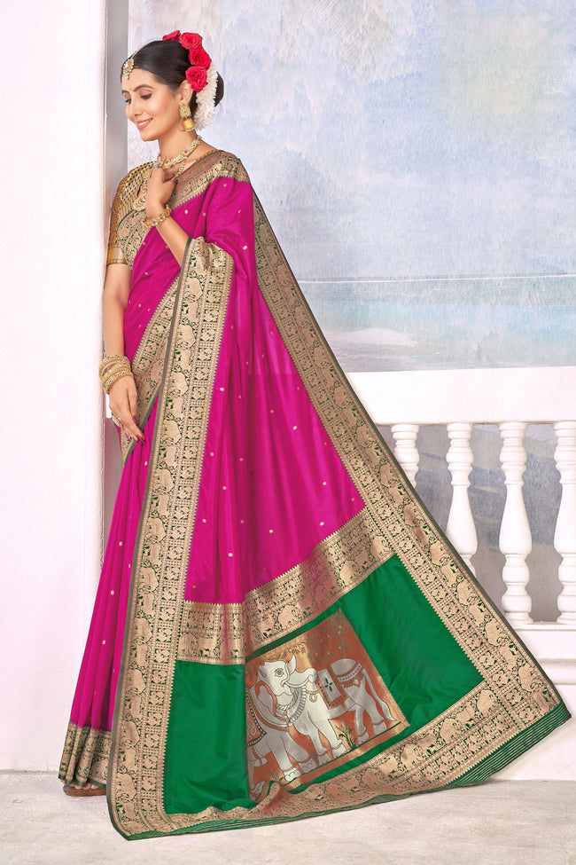 Rani Pink With Green Border Traditional Wear Art Silk Saree