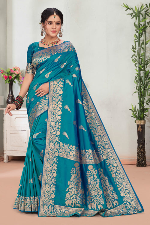 Peacock Blue Woven Banarasi Art Silk Saree