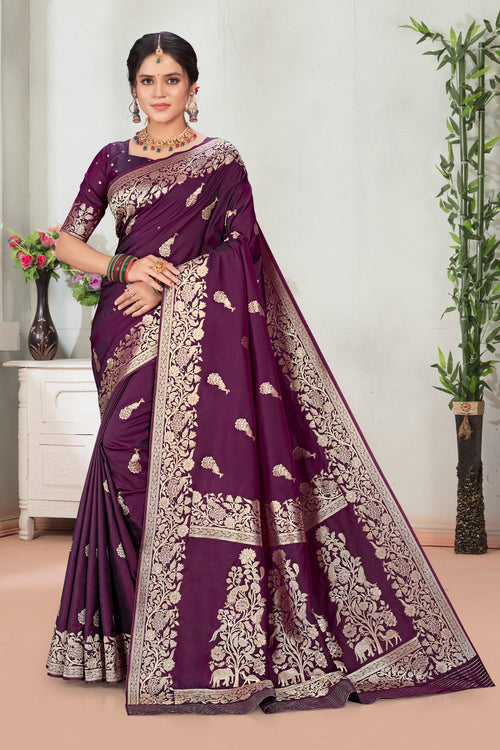 Wine Woven Banarasi Art Silk Saree