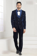 Navy Blue Heavy Embroidered Suit Set In Velvet Fabric Mens Suit