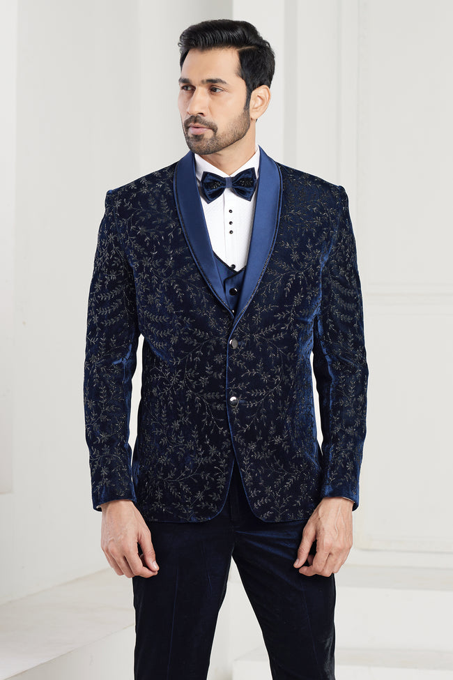 Navy Blue Heavy Embroidered Suit Set In Velvet Fabric Mens Suit