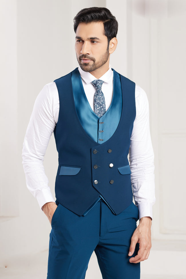 Peacock Blue Designer Emboss Fabric Mens Suit