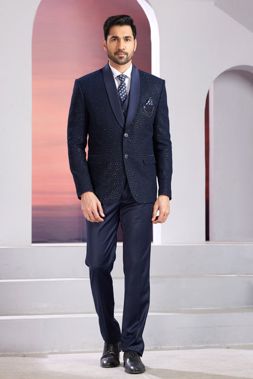 Navy Blue Heavy Embroidered Suit Set In Velvet Fabric