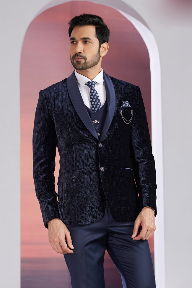 Navy Blue Embroidered Tuxedo Suit In Emboss Fabric Mens suit