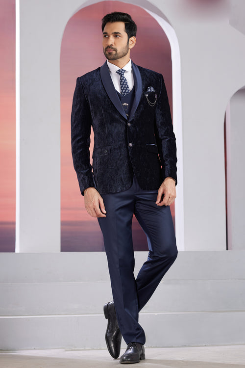 Navy Blue Embroidered Tuxedo Suit In Emboss Fabric Mens suit