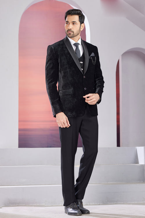 Black Embroidered Tuxedo Suit In Emboss Fabric Mens suit