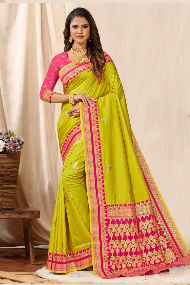 Light Green With Pink Border Woven Art Silk Saree With Blouse Piece