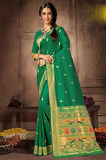 Sea Green Paithani Silk Saree And Blouse Piece