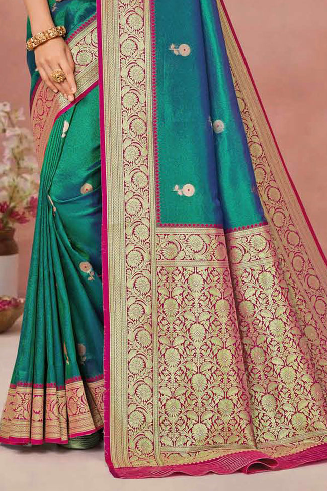 Turquoise With Pink Weaving Work Festive Wear Saree