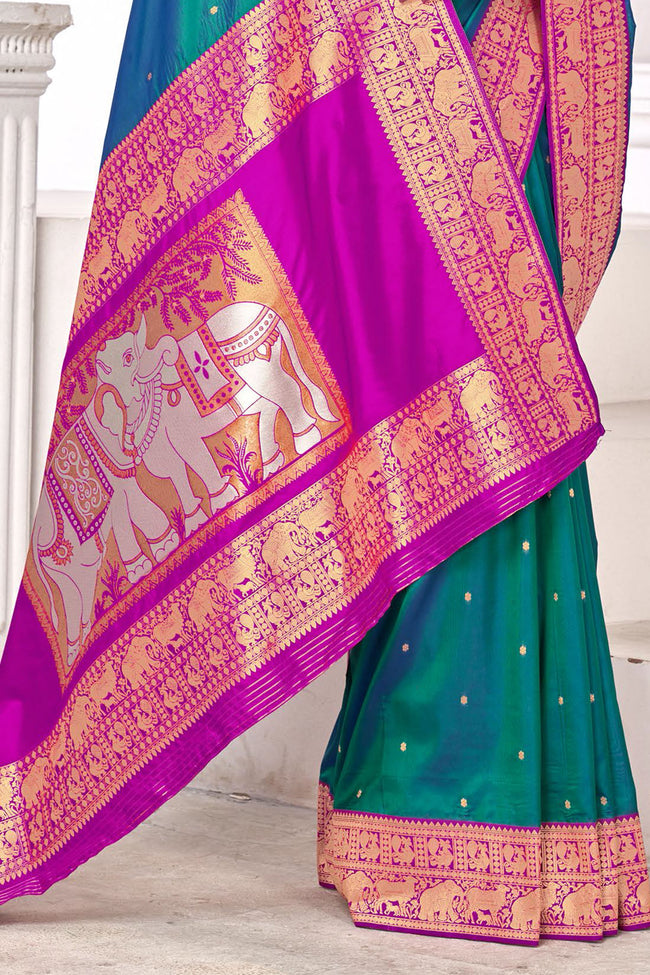 Dark Cyan With Pink Border Traditional Wear Art Silk Saree