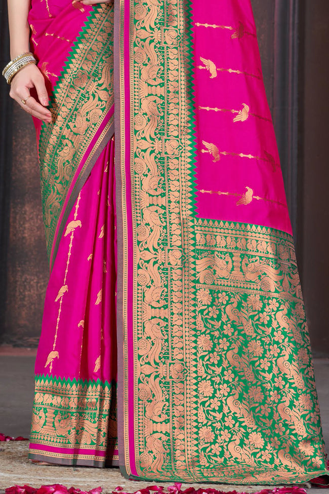 Pink With Green Border Wedding Wear Art Silk Saree