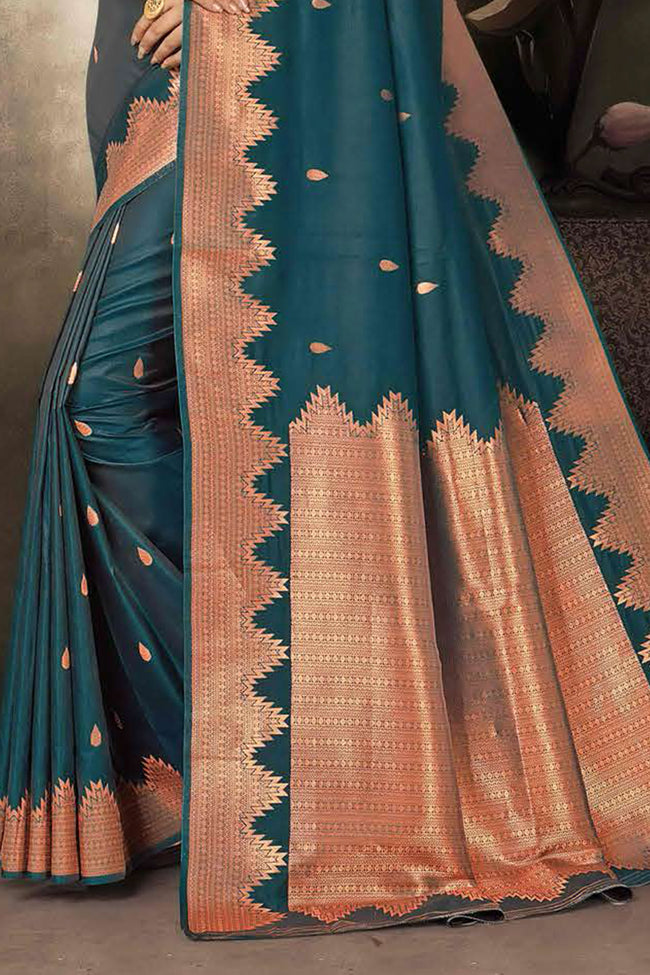 Dark Teal Art Silk Traditional Saree With Blouse Piece