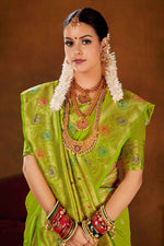 Lime Green Soft Woven Silk Saree And Blouse Piece