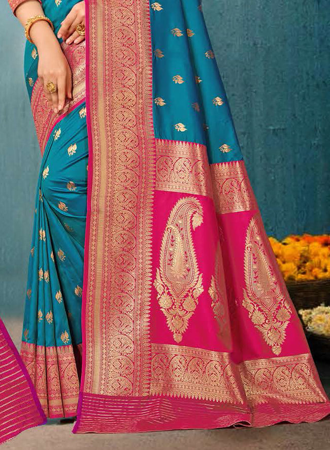 Peacock Blue And Red Zari Enhanced Silk Saree With Blouse Piece