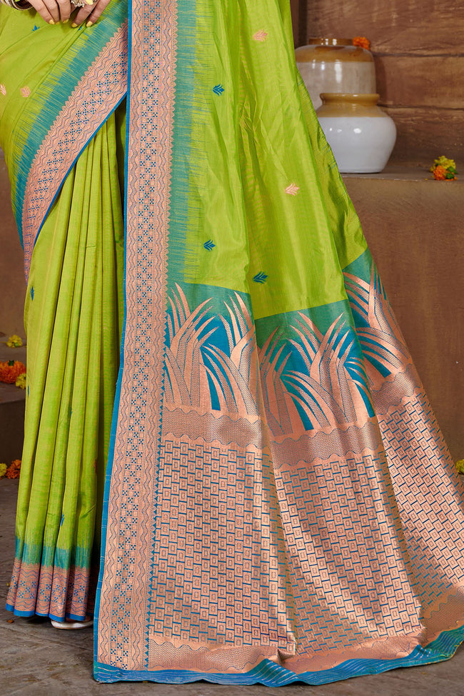 Lime Green With Steel Blue Border Silk Traditional Saree