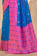 Shimmering Blue & Pink Woven Festival Wear Silk Saree With Blouse Piece