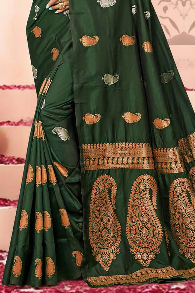 Forest Green Saree In Silk Blend With Weaved Floral Motifs And Blouse Piece