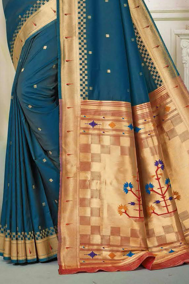 Peacock Blue With Maroon Art Silk Paithani Saree With Blouse Piece