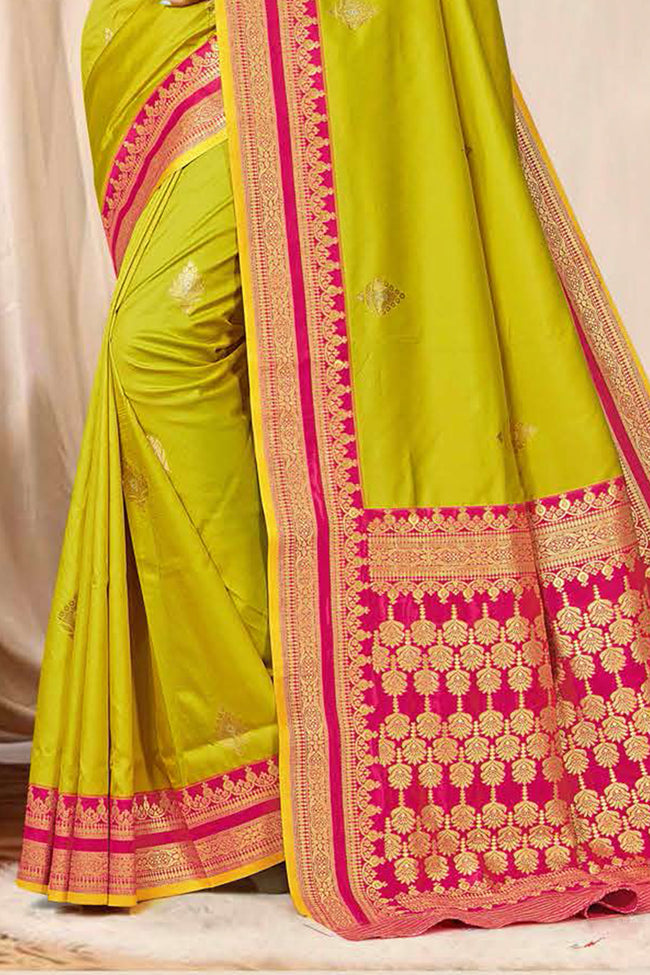 Light Green With Pink Border Woven Art Silk Saree With Blouse Piece