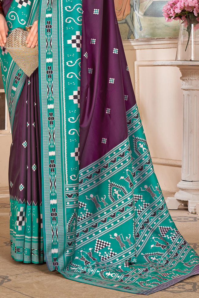 Plum With Mint Patola Print Silk Designer Saree